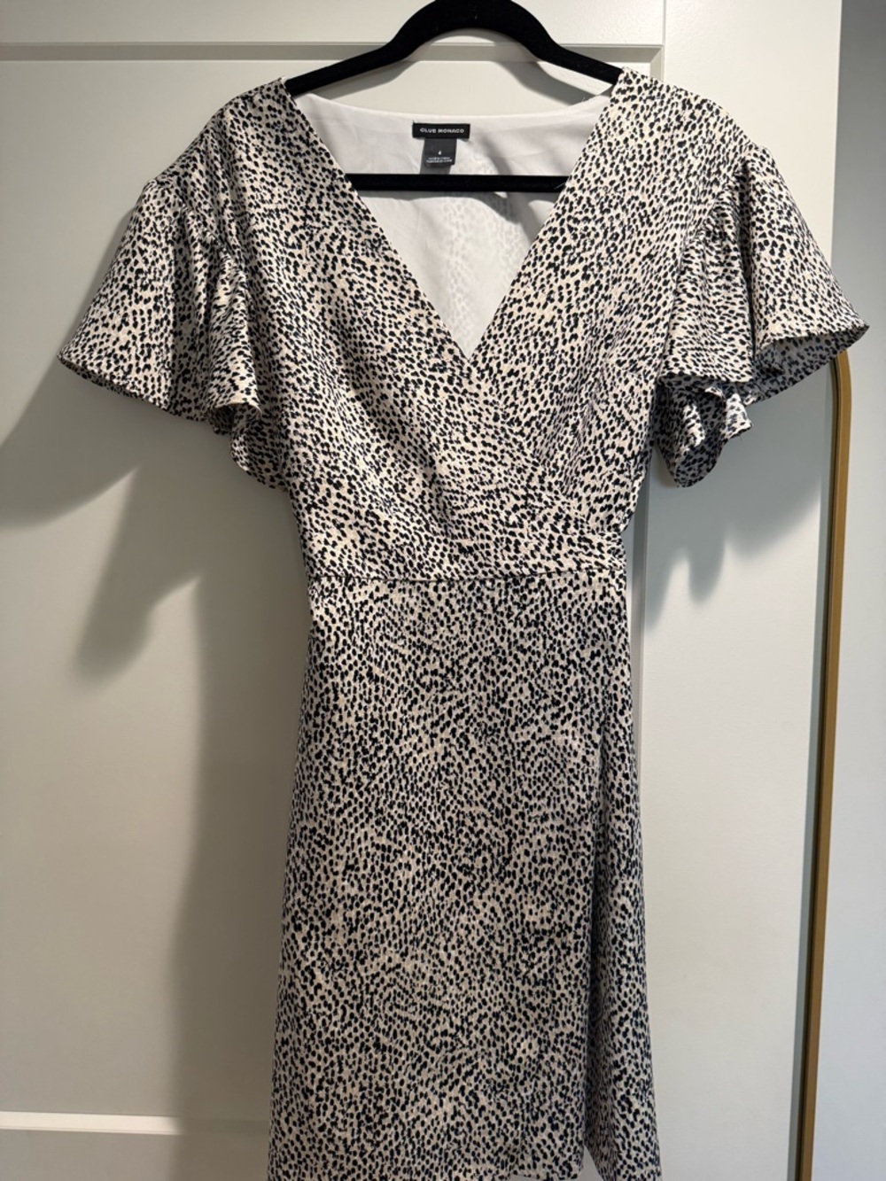 Club Monaco Silk Mini Wrap Dress Cream and Black Dot-Print Flutter Sleeve